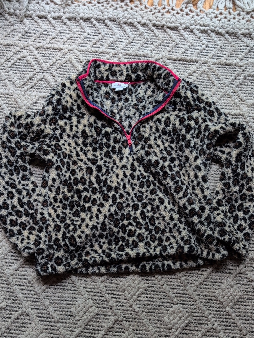 Vineyard Vines Leopard Sherpa Quarter-Zip with Hot Pink Trim